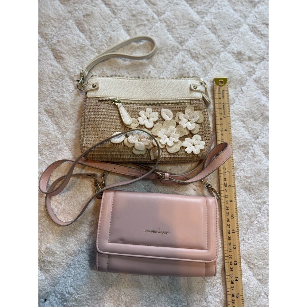 Liz Claiborne Straw Purse with flower detail and Nanette Lepore pink purse